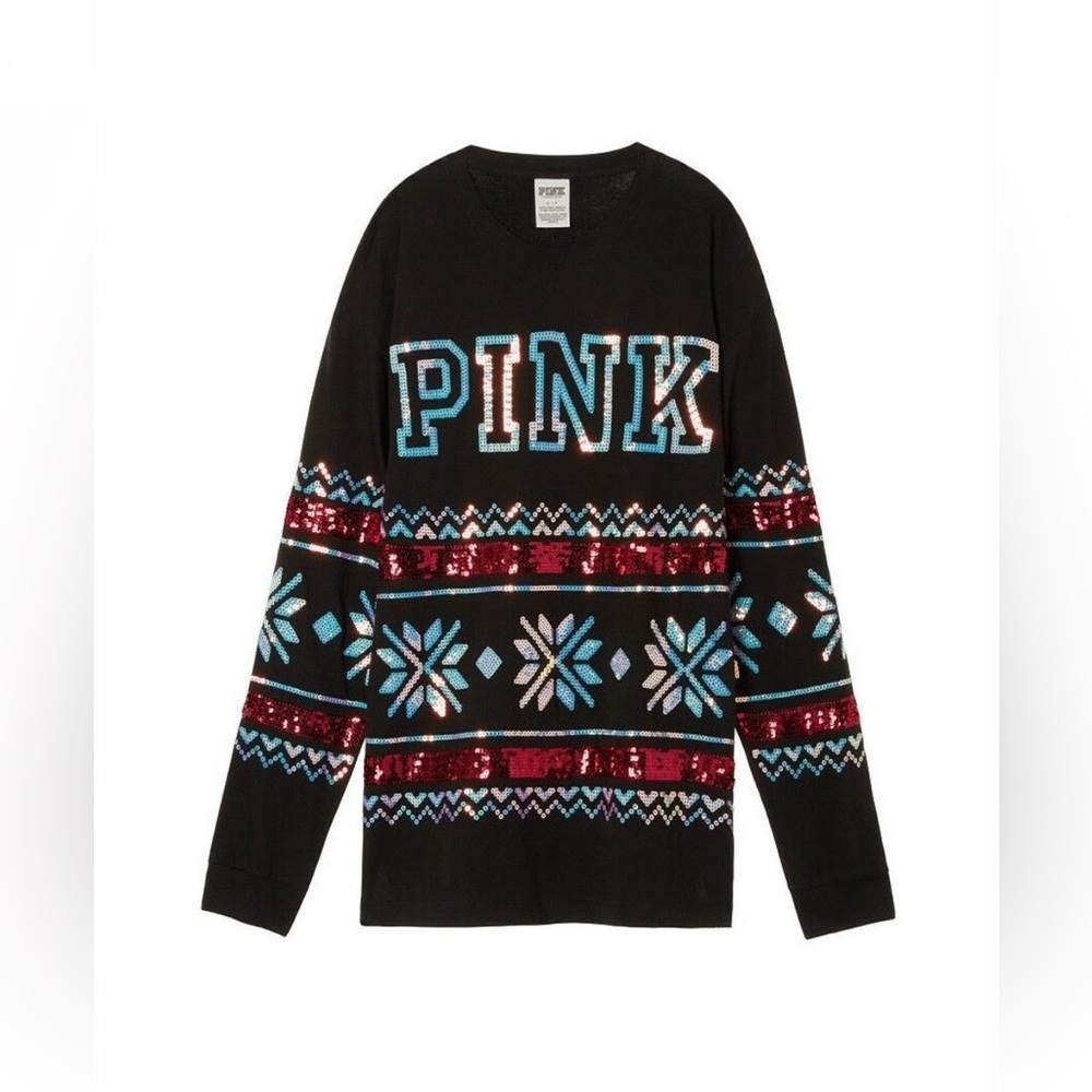NWOT PINK Victoria Secret Campus Christmas snowflake Sequin Long sleeve Top